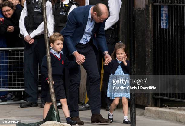 Prince William, Duke of Cambridge arrives back at the Lindo Wing of St Mary's Hospital with his other two children Prince George and Princess...