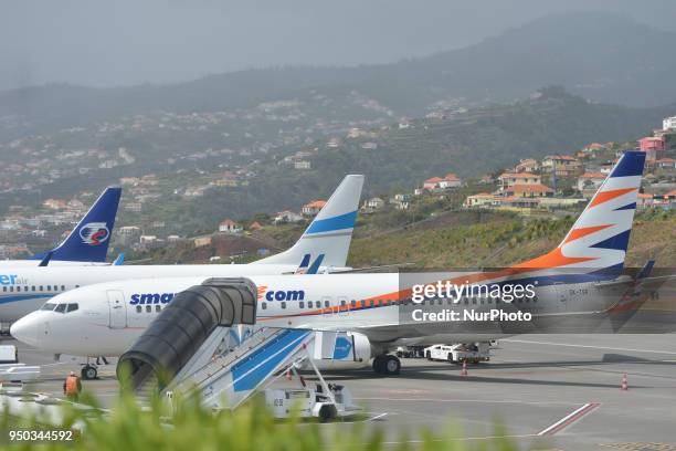 SmartWings, a Czech airline Travel Service plane, Polish Charter airline Enter Air plane and Czech charter airline Travel Service plane, seen...