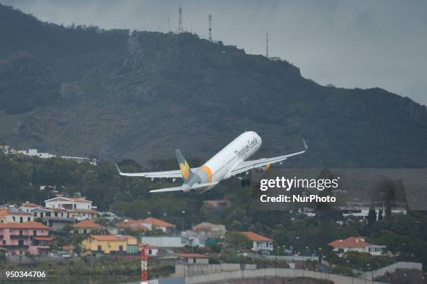 Thomas Cook, a British global travel company plane takes off at Cristiano Ronaldo Madeira International Airport, as flights been cancelled and others...