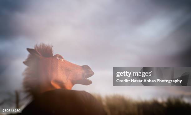 man with horse mask looking at dramatic sky. - nazar abbas foto e immagini stock