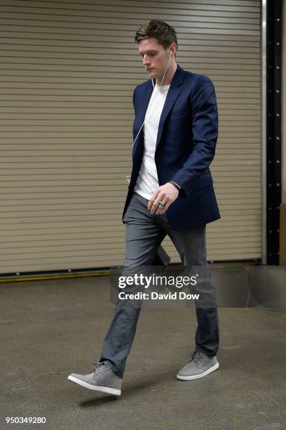 Luke Babbitt of the Miami Heat arrives before Game One of the Eastern Conference Quarterfinals against the Philadelphia 76ers during the 2018 NBA...