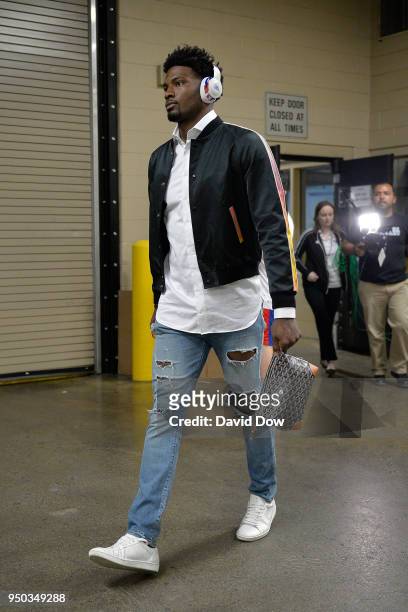 Justise Winslow of the Miami Heat arrives before Game One of the Eastern Conference Quarterfinals against the Philadelphia 76ers during the 2018 NBA...