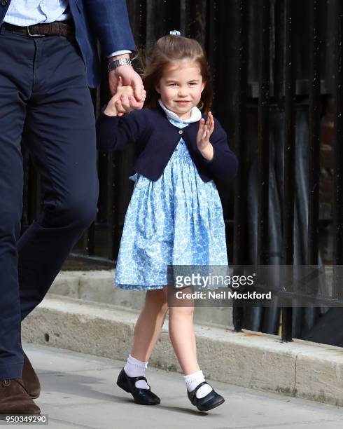 Prince William, Duke of Cambridge and Princess Charlotte arrive with Prince George at the Lindo Wing after the birth of his third child on April 23,...