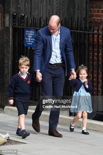 Prince William, Duke of Cambridge, Prince George and Princess Charlotte arrive at the Lindo Wing after the birth of his third child on April 23, 2018...