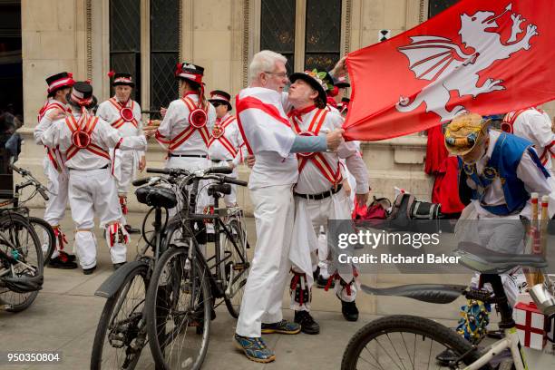 Morris Men dance on St George's Day on Liverpool Street in the capital's financial district , on 23rd April, City of London, England.