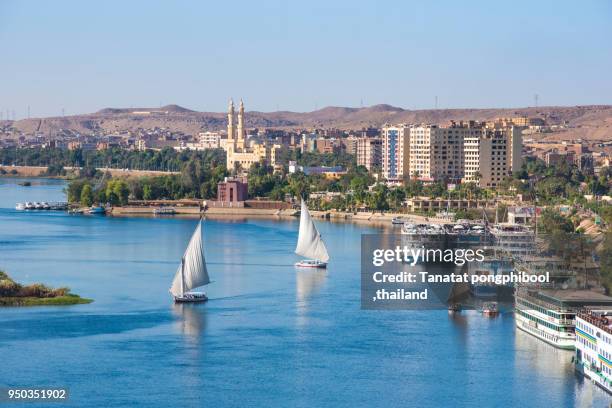 felucca boat on river nile at aswan, egypt - felucca boat imagens e fotografias de stock