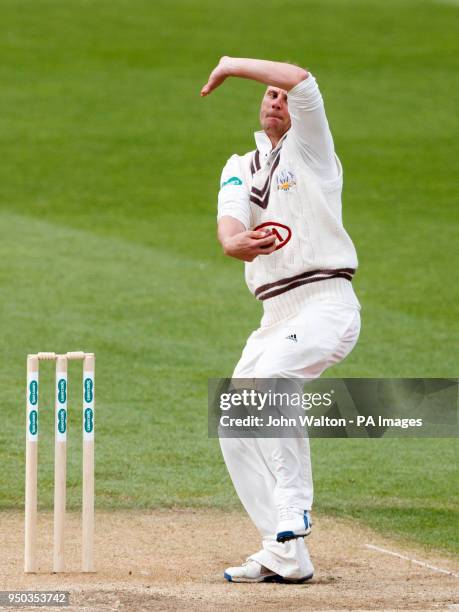 Surrey's Scott Borthwick bowls during the Specsavers County Championship Division One match at the Kia Oval, London.