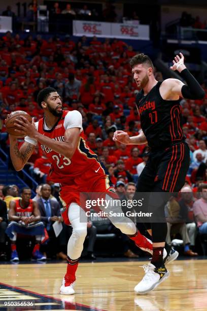 Anthony Davis of the New Orleans Pelicans is defended by Jusuf Nurkic of the Portland Trail Blazers during Game 3 of the Western Conference playoffs...