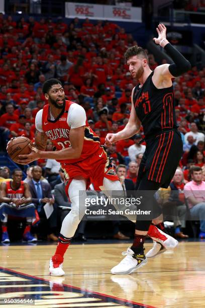 Anthony Davis of the New Orleans Pelicans is defended by Jusuf Nurkic of the Portland Trail Blazers during Game 3 of the Western Conference playoffs...