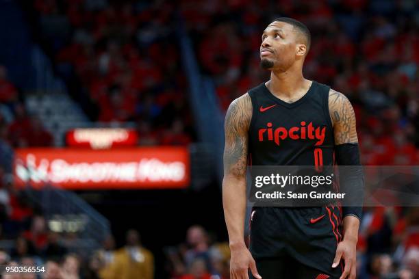 Damian Lillard of the Portland Trail Blazers stands on th court during Game 3 of the Western Conference playoffs against the Portland Trail Blazers...