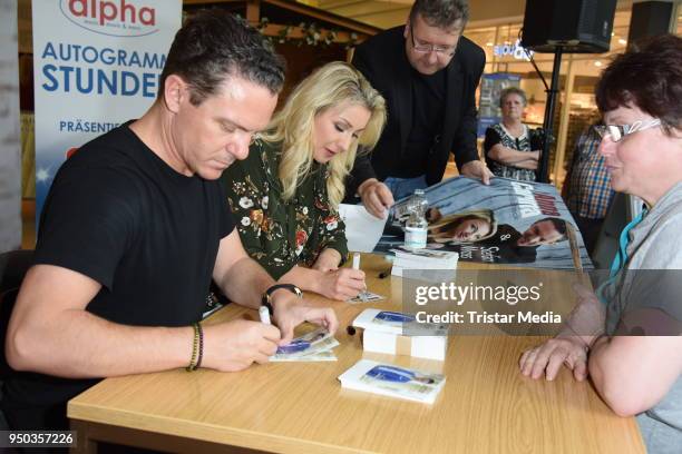 Anna-Carina Woitschack and her boyfriend Stefan Mross promote their new album 'Liebe passiert' at Lausitz Park shopping mall on April 23, 2018 in...