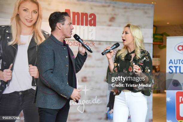 Anna-Carina Woitschack and her boyfriend Stefan Mross promote their new album 'Liebe passiert' at Lausitz Park shopping mall on April 23, 2018 in...