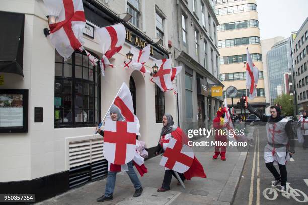 Medieval knights on an afternoon pub crawl on St George's Day on 23rd April 2018 in London, England, United Kingdom. Wearing chainmail, St Georges...