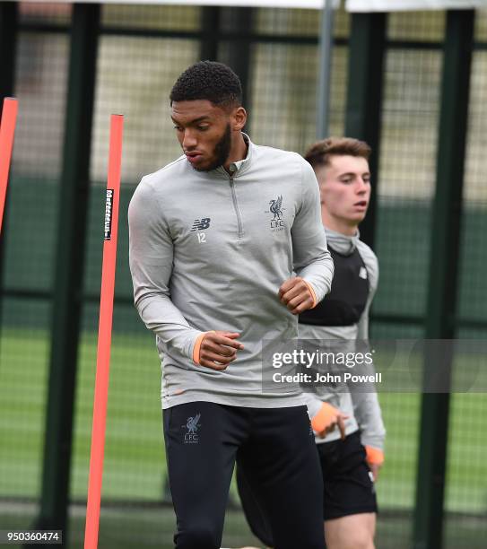 Joe Gomez of Liverpool during a training session at Melwood Training Ground on April 23, 2018 in Liverpool, England.