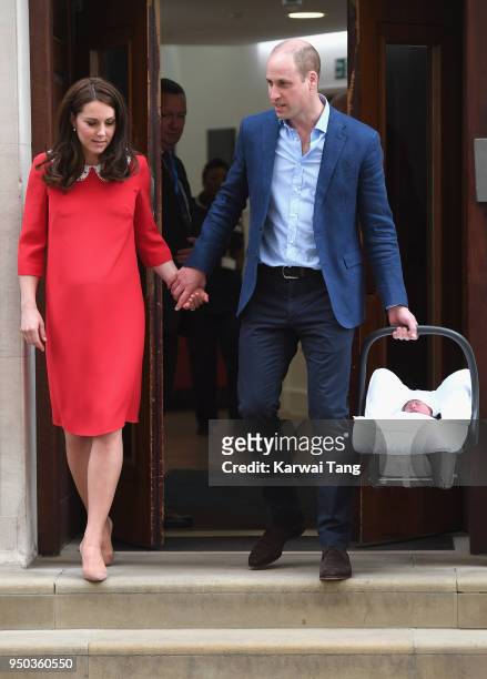 Catherine, Duchess of Cambridge and Prince William, Duke of Cambridge depart the Lindo Wing with their newborn son Prince Louis of Cambridge at St...