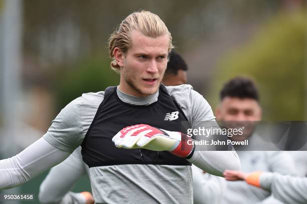Loris Karius of Liverpool during a training session at Melwood Training Ground on April 23, 2018 in Liverpool, England.