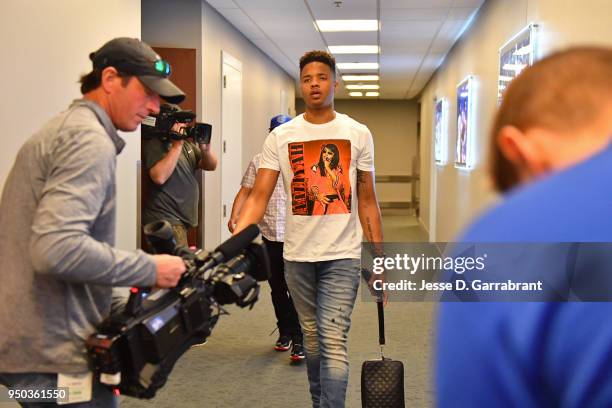 Markelle Fultz of the Philadelphia 76ers arrives before Game One of the Eastern Conference Quarterfinals against the Miami Heat during the 2018 NBA...