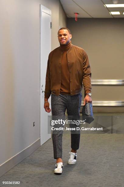 Justin Anderson of the Philadelphia 76ers arrives before Game One of the Eastern Conference Quarterfinals against the Miami Heat during the 2018 NBA...