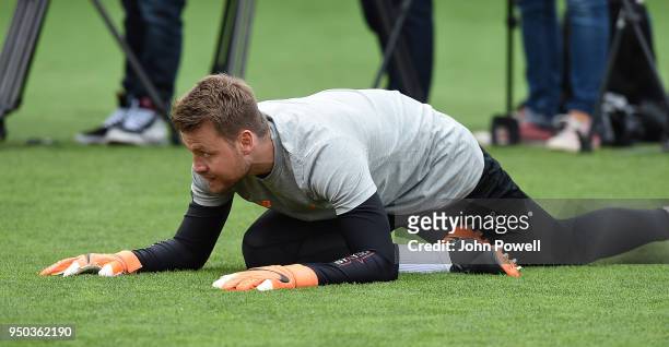 Simon Mingnolet of Liverpool during a training session at Melwood Training Ground on April 23, 2018 in Liverpool, England.