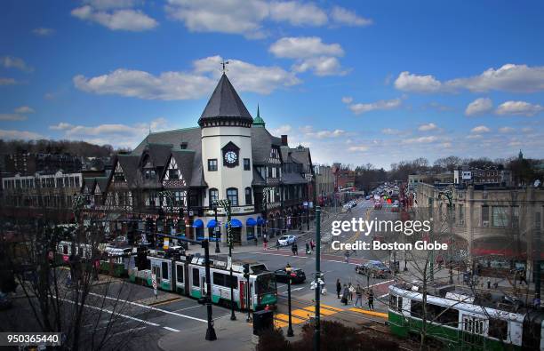 The S.S. Pierce Building presides over the intersection of Beacon and Harvard Streets in the Coolidge Corner neighborhood of Brookline, MA as MBTA...