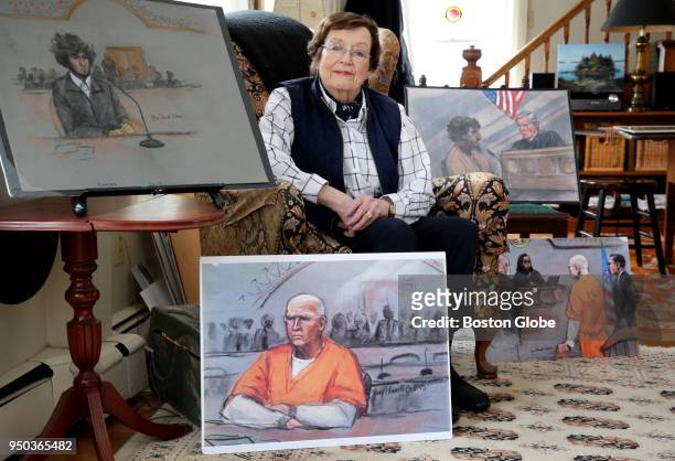 Jane Collins poses for a portrait at her home in Duxbury, MA on March 22, 2018. Collins is a longtime courtroom artist and has covered trials...