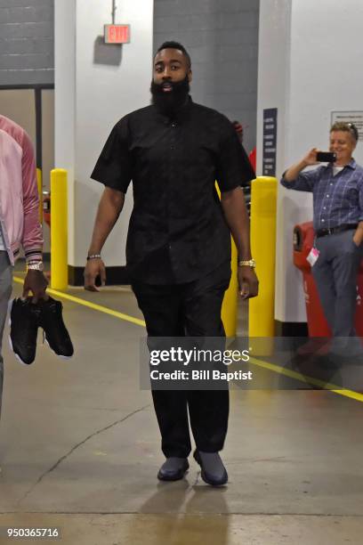 James Harden of the Houston Rockets arrives before Game Two of Round One against the Minnesota Timberwolves during the 2018 NBA Playoffs on April 18,...