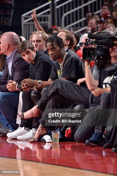 Travis Scott attends Game Two of Round One between the Minnesota Timberwolves and the Houston Rockets during the 2018 NBA Playoffs on April 18, 2018...