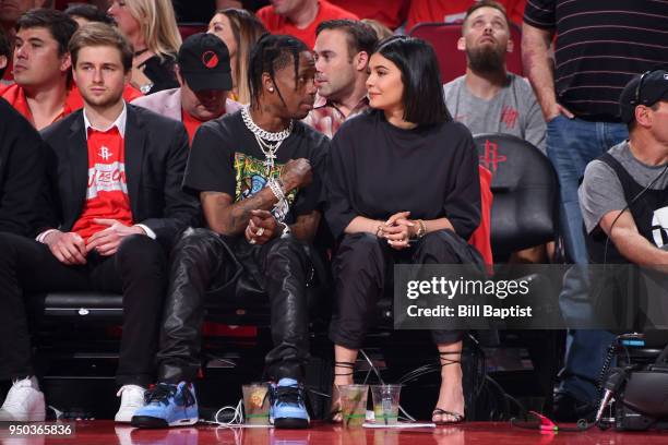 Travis Scott and Kylie Jenner attend Game Two of Round One between the Minnesota Timberwolves and the Houston Rockets during the 2018 NBA Playoffs on...