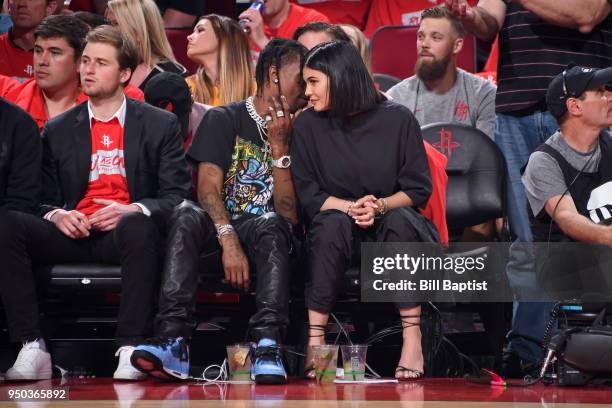 Travis Scott and Kylie Jenner attend Game Two of Round One between the Minnesota Timberwolves and the Houston Rockets during the 2018 NBA Playoffs on...