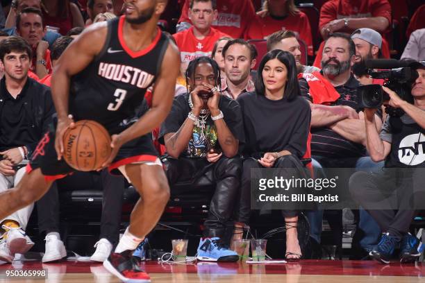 Travis Scott and Kylie Jenner attend Game Two of Round One between the Minnesota Timberwolves and the Houston Rockets during the 2018 NBA Playoffs on...