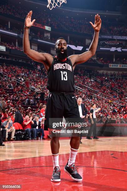 James Harden of the Houston Rockets reacts to a play in Game Two of Round One against the Minnesota Timberwolves during the 2018 NBA Playoffs on...