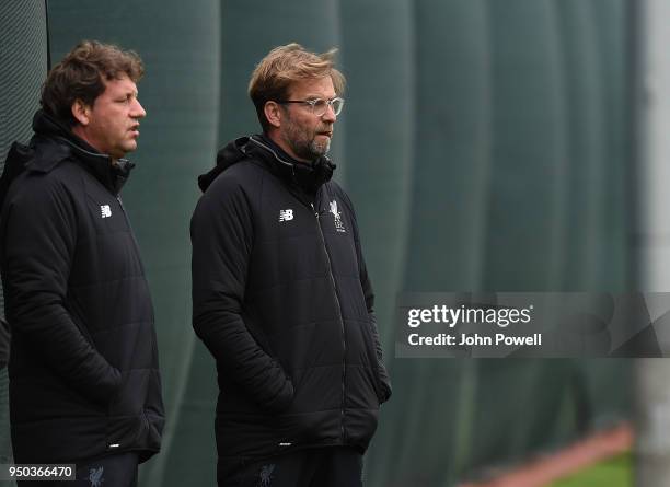Jurgen Klopp of Liverpool during a training session at Melwood Training Ground on April 23, 2018 in Liverpool, England.