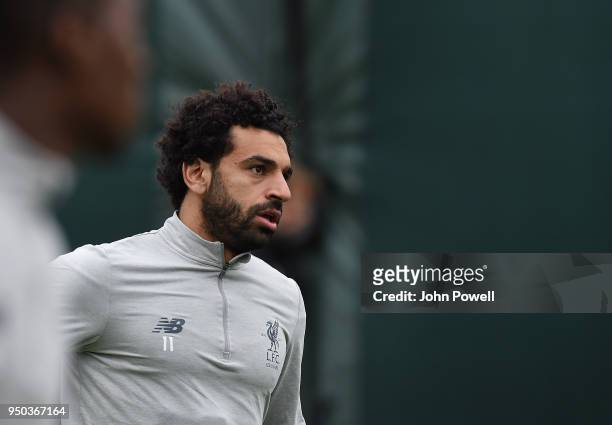 Mohamed Salah of Liverpool during a training session at Melwood Training Ground on April 23, 2018 in Liverpool, England.
