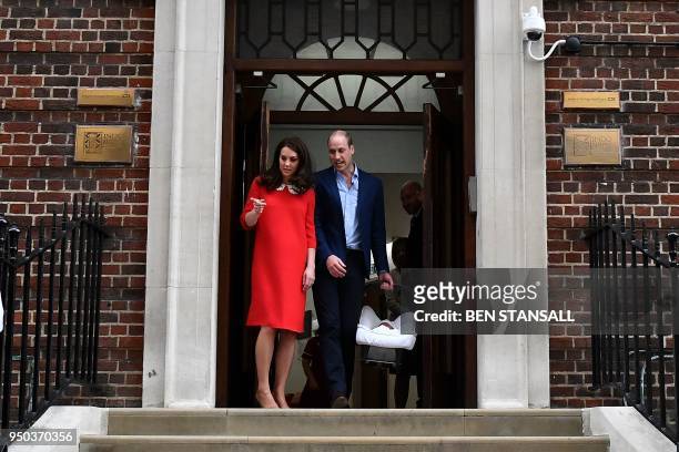 Britain's Catherine , Duchess of Cambridge aka Kate Middleton and Britain's Prince William, Duke of Cambridge depart the Lindo Wing at St Mary's...