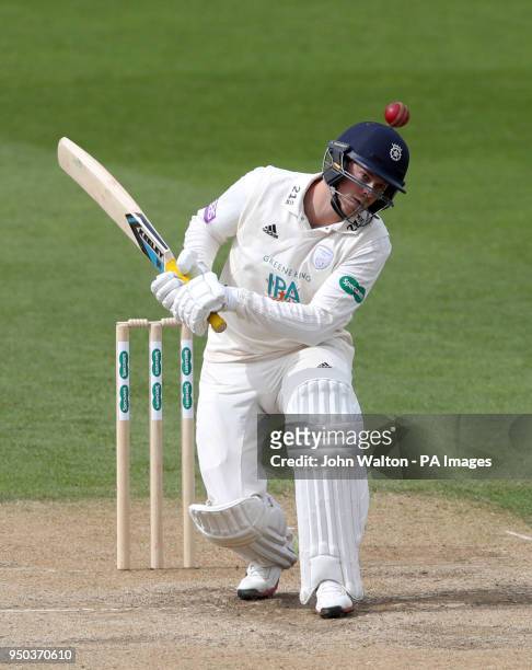 Hampshire's Sam Northeast ducks under a bouncing ball during the Specsavers County Championship Division One match at the Kia Oval, London.