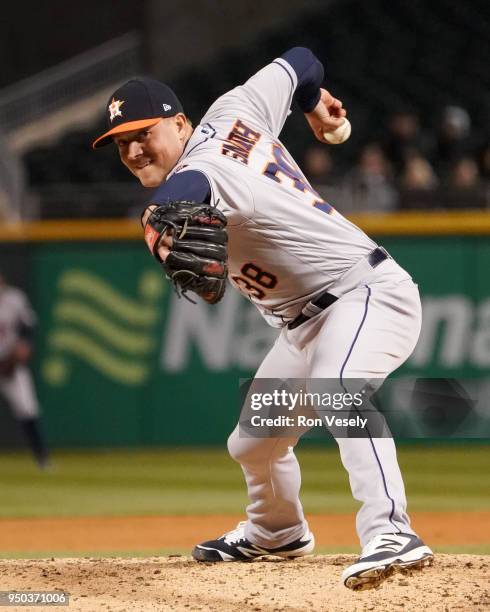 Joe Smith of the Houston Astros pitches against the Chicago White Sox on April 20, 2018 at Guaranteed Rate Field in Chicago, Illinois. Joe Smith