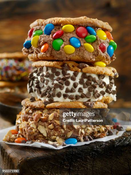 chocolate chip cookie ice cream sandwiches - pile of candy stock pictures, royalty-free photos & images