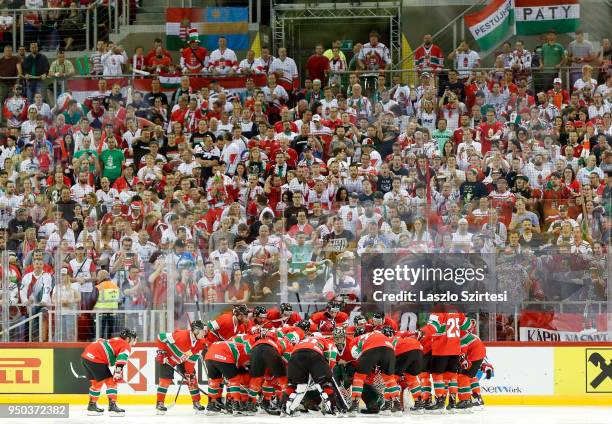 Team of Hungary prepares for the game in front of their supporters prior to the 2018 IIHF Ice Hockey World Championship Division I Group A match...