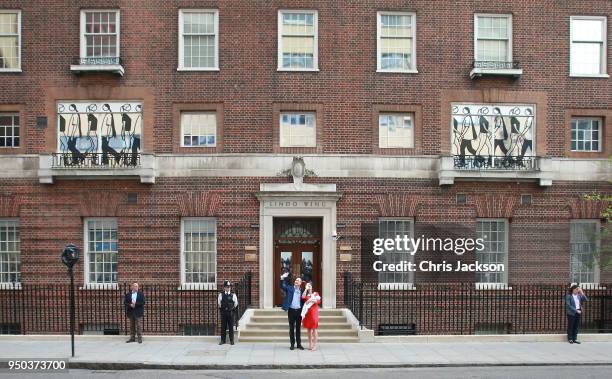 Prince William, Duke of Cambridge and Catherine, Duchess of Cambridge depart the Lindo Wing with their newborn son Prince Louis of Cambridge at St...