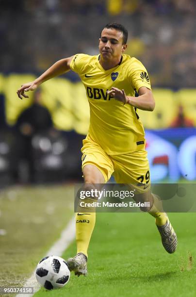 Leonardo Jara of Boca Juniors drives the ball during a match between Boca Juniors and Newell's Old Boys as part of Argentine Superliga 2017/18 at...