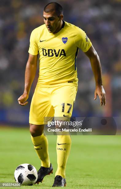 Ramon Abila of Boca Juniors kicks the ball during a match between Boca Juniors and Newell's Old Boys as part of Argentine Superliga 2017/18 at...