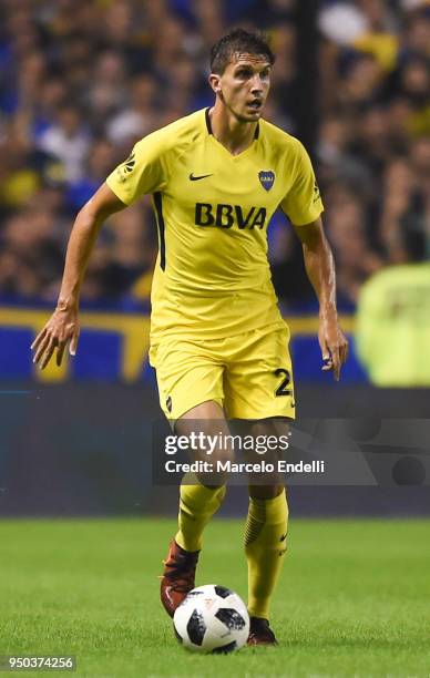 Santiago Vergini of Boca Juniors drives the ball during a match between Boca Juniors and Newell's Old Boys as part of Argentine Superliga 2017/18 at...