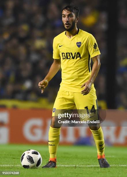 Sebastian Perez of Boca Juniors drives the ball during a match between Boca Juniors and Newell's Old Boys as part of Argentine Superliga 2017/18 at...