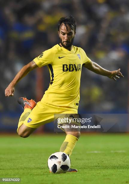Sebastian Perez of Boca Juniors kicks the ball during a match between Boca Juniors and Newell's Old Boys as part of Argentine Superliga 2017/18 at...