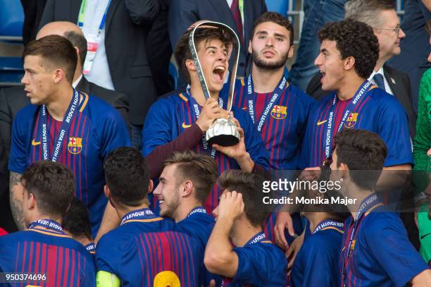 Picard Puig of FC Barcelona celebrates with trophy during the UEFA Youth League Final match between Chelsea FC and FC Barcelona at Colovray Sports...
