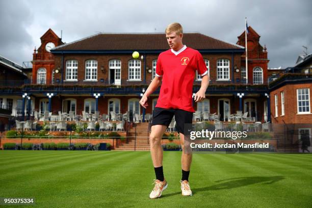 Kyle Edmund at The Queen's Club on April 23, 2018 in London, England. Liverpool fan Kyle Edmund shows support for his team ahead of their Champions...