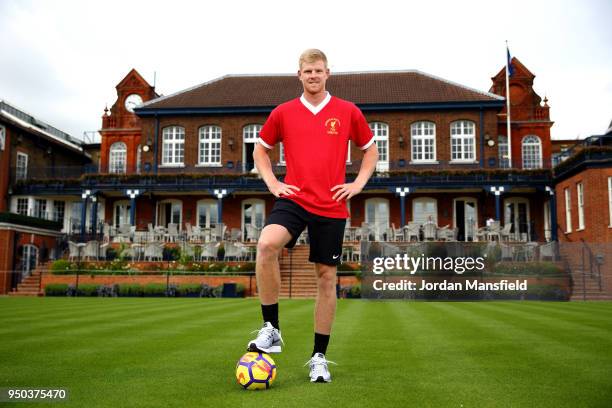 Kyle Edmund at The Queen's Club on April 23, 2018 in London, England. Liverpool fan Kyle Edmund shows support for his team ahead of their Champions...