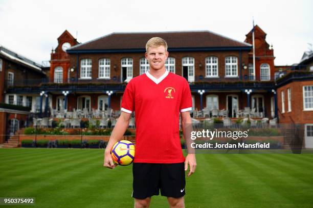 Kyle Edmund at The Queen's Club on April 23, 2018 in London, England. Liverpool fan Kyle Edmund shows support for his team ahead of their Champions...