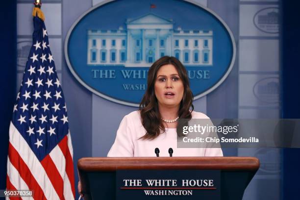White House Press Secretary Sarah Huckabee Sanders conducts a news briefing at the White House April 23, 2018 in Washington, DC. Sanders fielded...