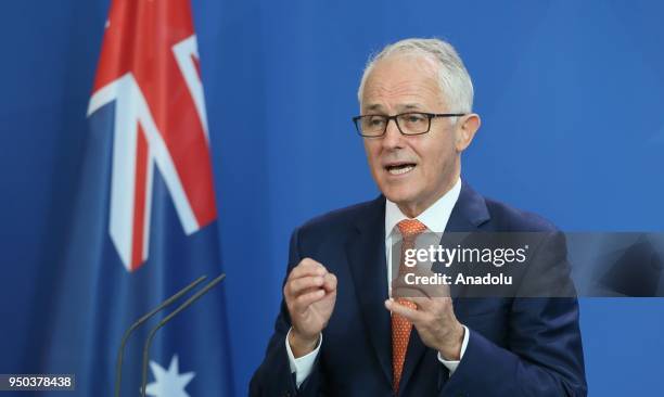 Australian Prime Minister Malcolm Turnbull makes a speech during a joint press conference with German Chancellor Angela Merkel ahead of their meeting...